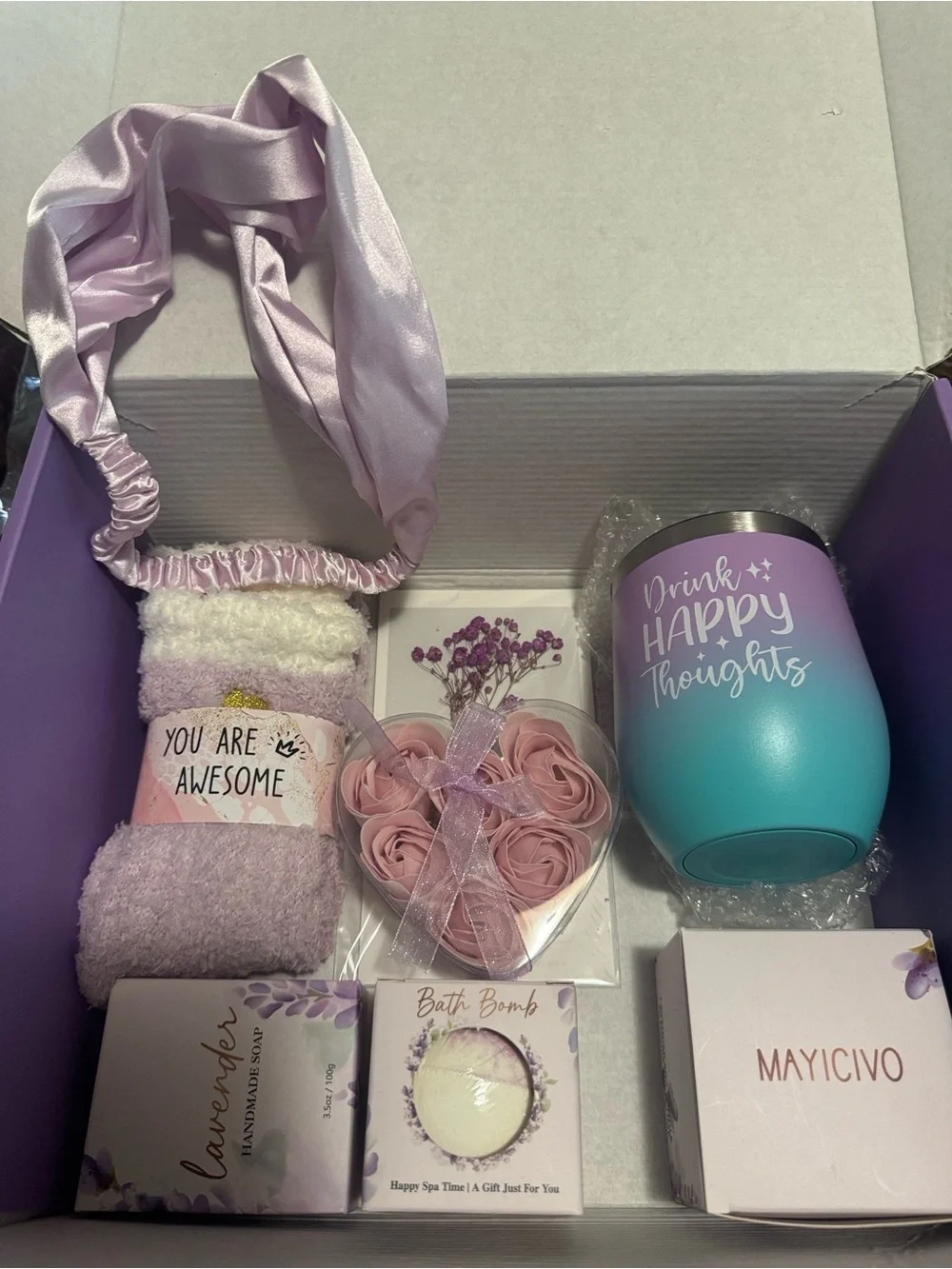 Purple Bath Gift Set Basket w/ Bath Bomb, Scented Candle & Marbled Bar Soap